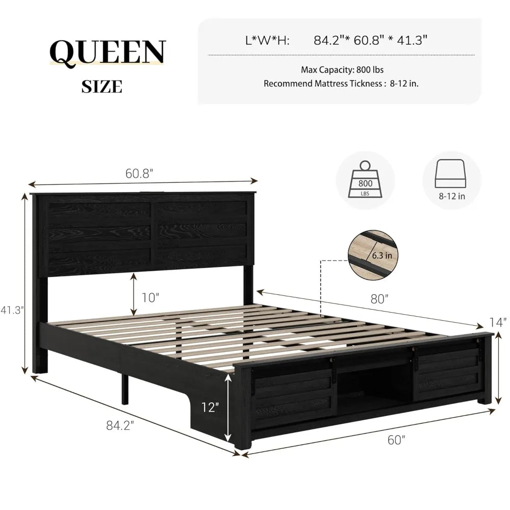 Bed Frame With Wooden Headboard And Sliding Barn Door Footboard