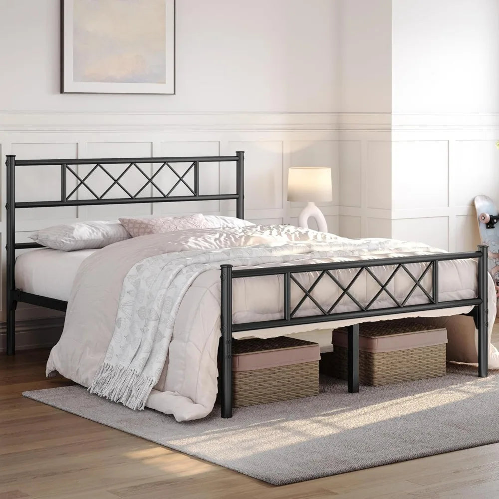 Queen Size Metal Platform Bed Frame with Simple Headboard and Footboard, Mattress Foundation for Under Bed Storage, St