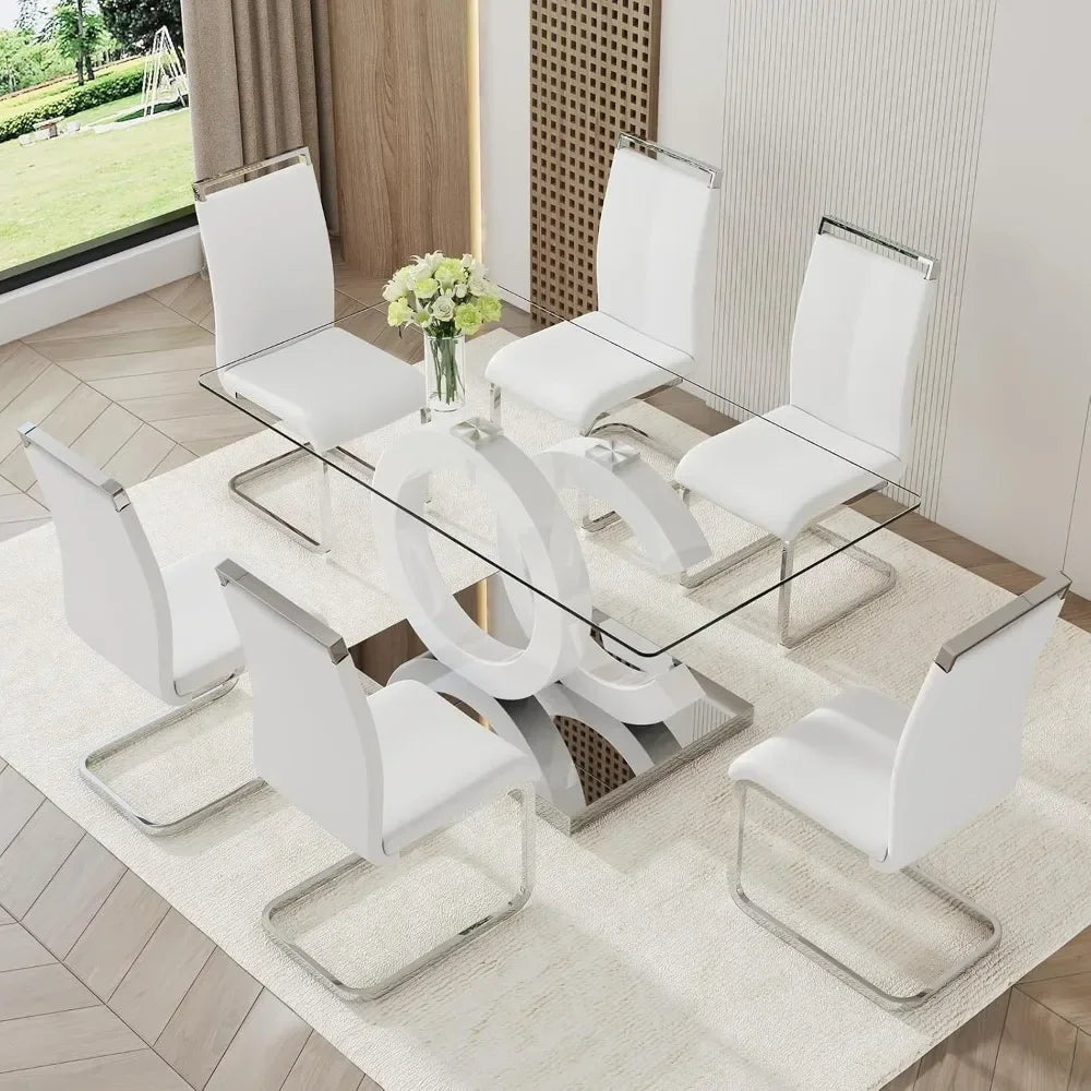Glass Dining Table Set With Tempered Glass Top PU Chairs