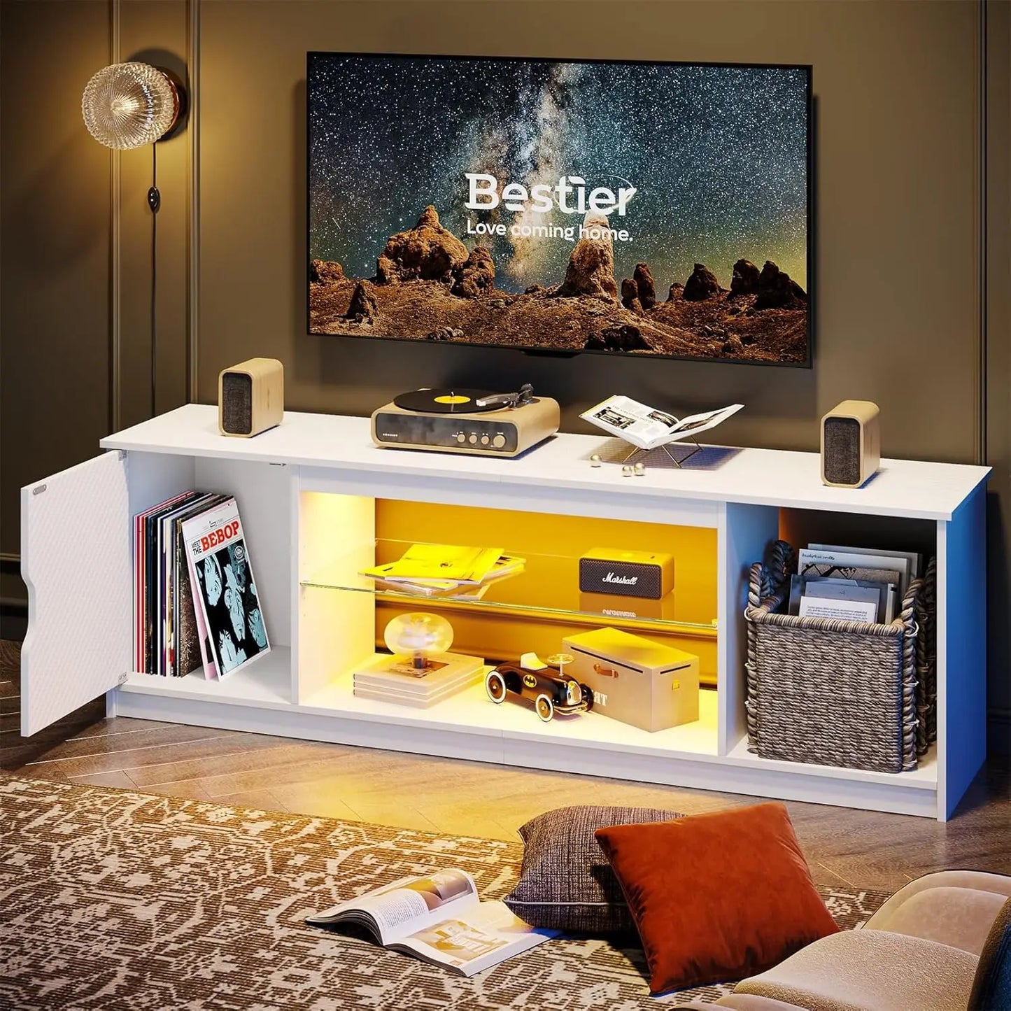 Gaming TV Stand With Power Outlets And Adjustable Glass Shelves