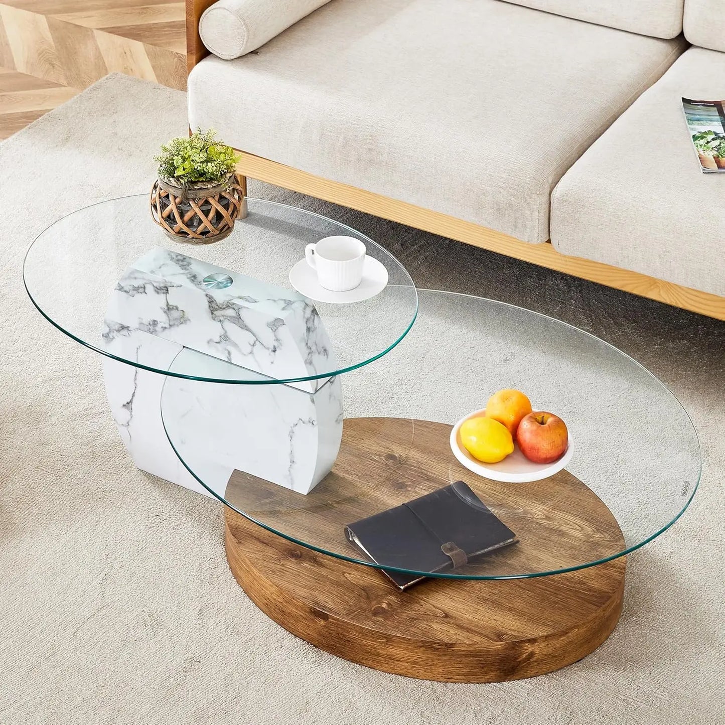 Tempered Glass Coffee Table With Three Tier Wood Base