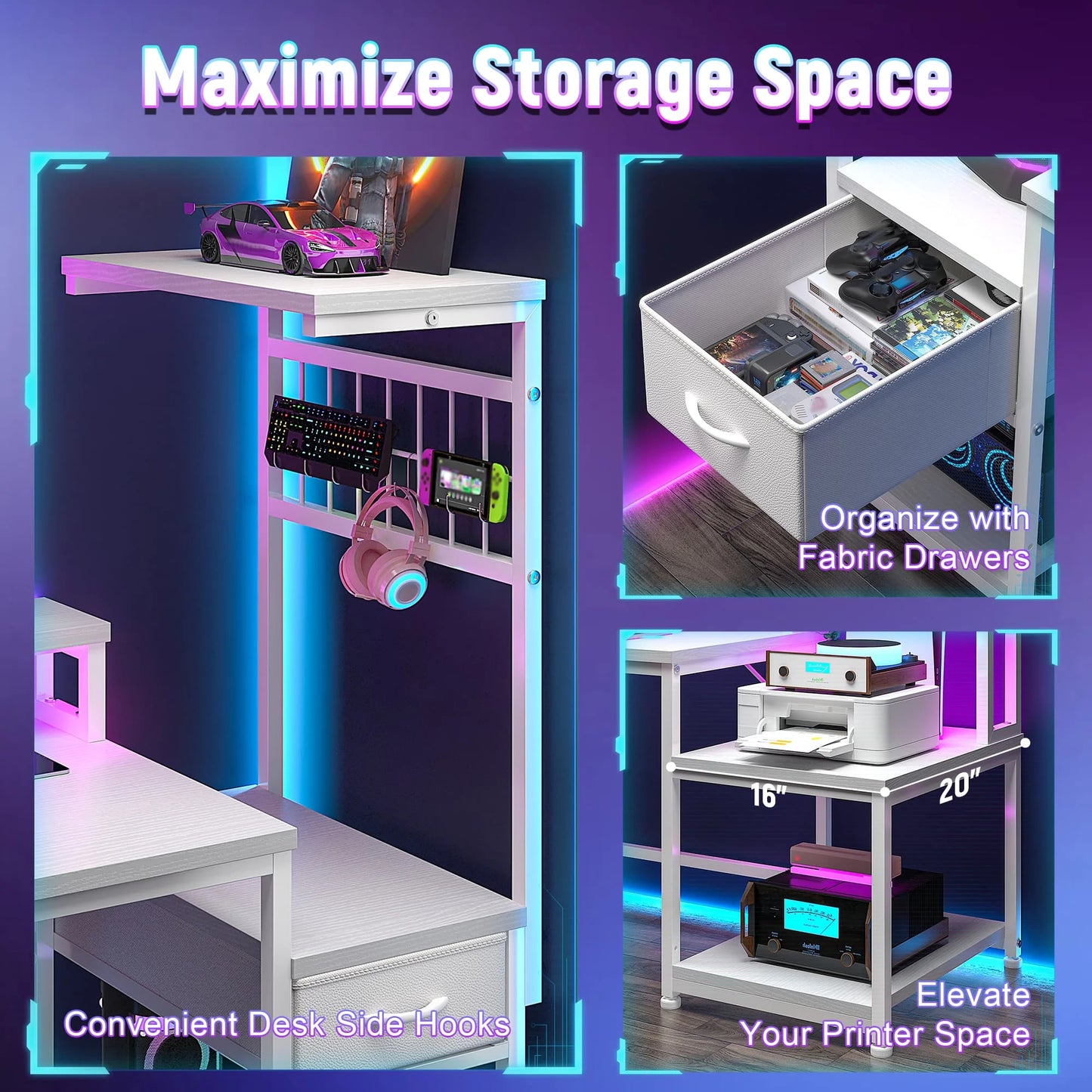 EnHomee 55 Inch Gaming Desk With Power Outlets And Storage