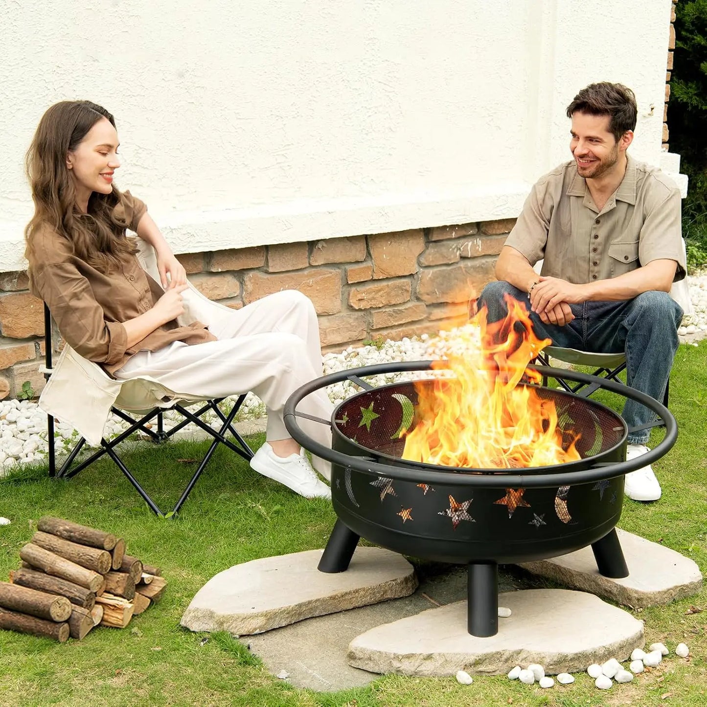 Round Fire Pit With Mesh Cover And Star Moon Design
