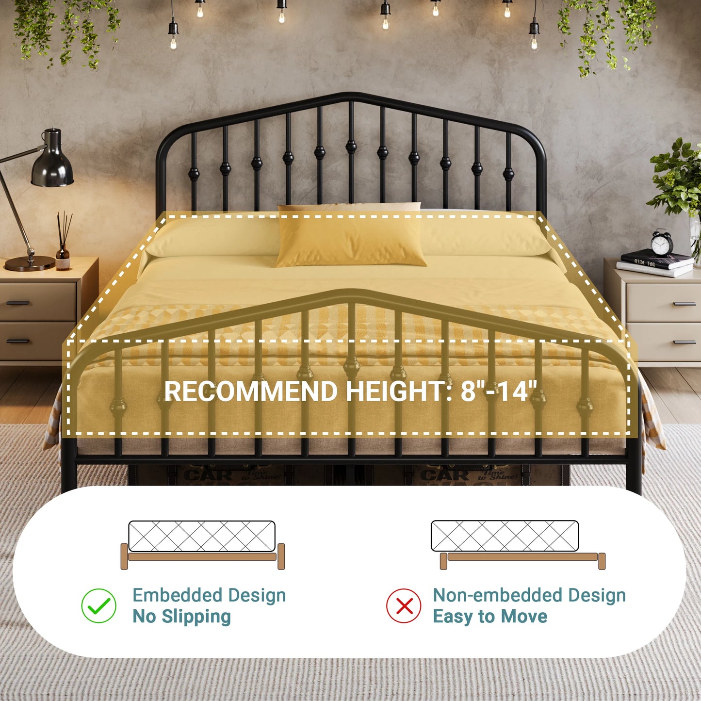 HOOMIC 14'' Metal Bed Frame with Victorian Headboard & Footboard, Heavy-Duty Wrought Iron Platform Bed Allewie