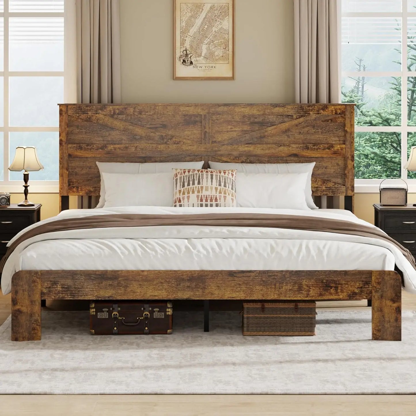 GUANGBAI Farmhouse Boho Platform Bed Frame With Headboard