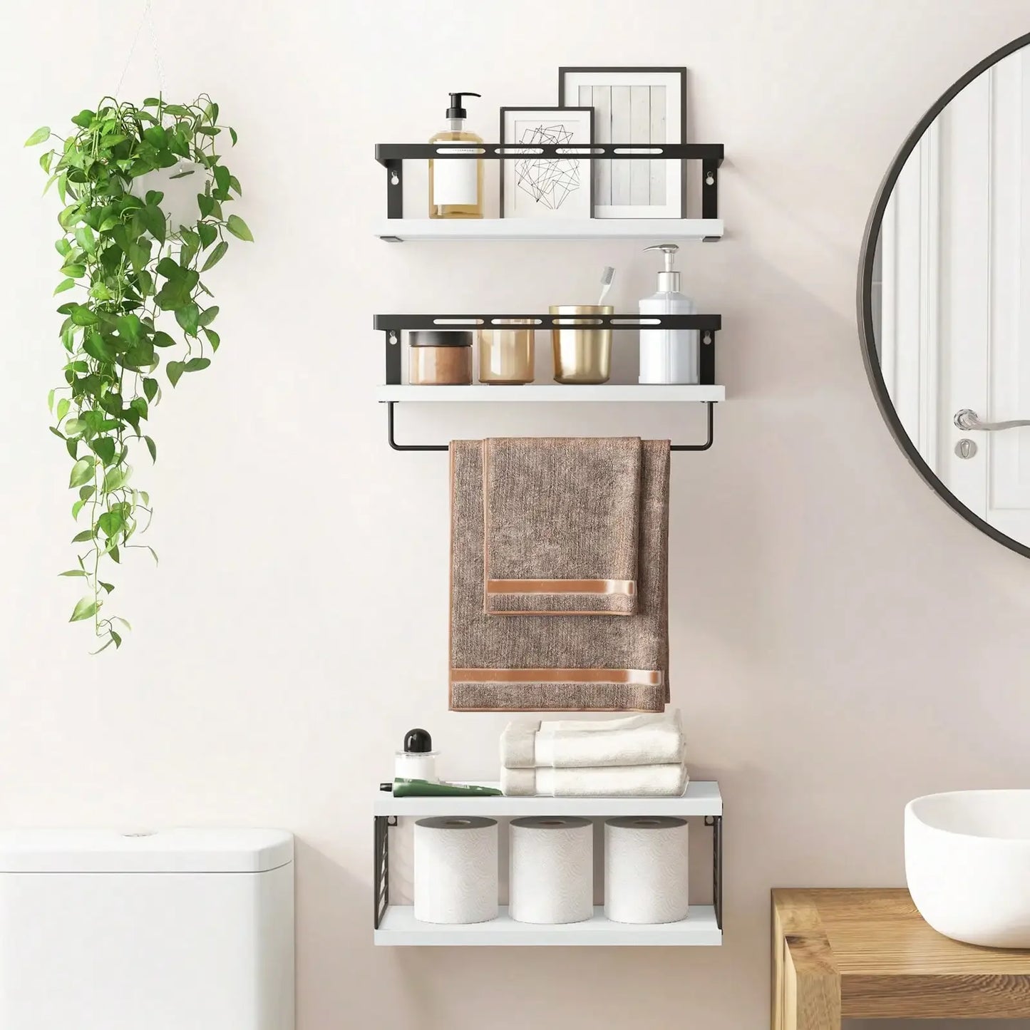 Wall Mounted Rustic Wood Bathroom Shelves Over Toilet Towel Bar