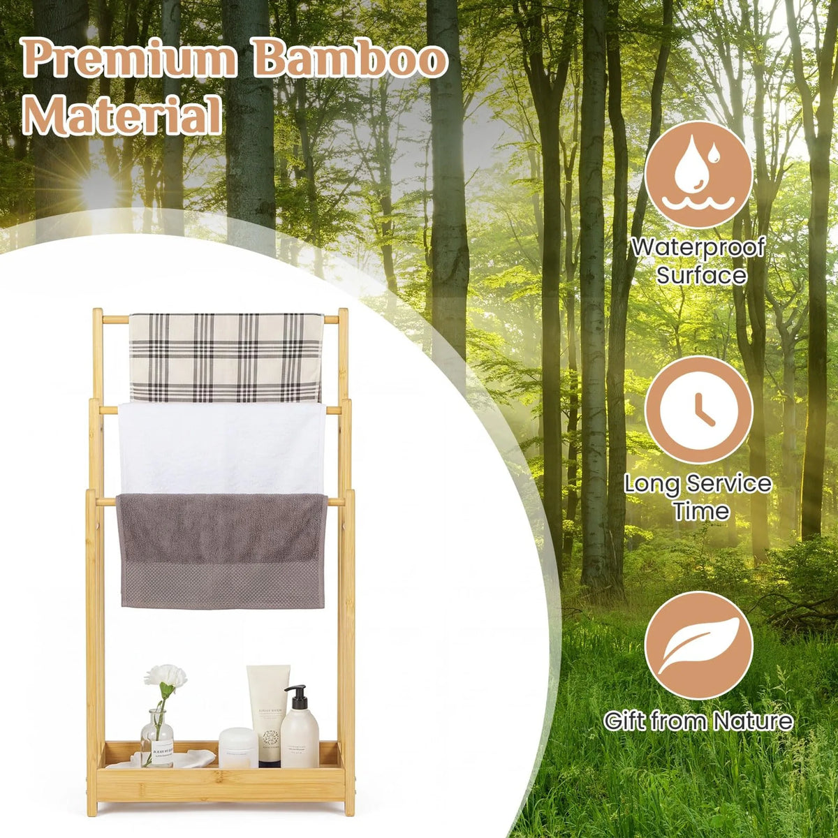 Freestanding Bamboo Towel Rack with Storage Shelf for Bathroom Organization