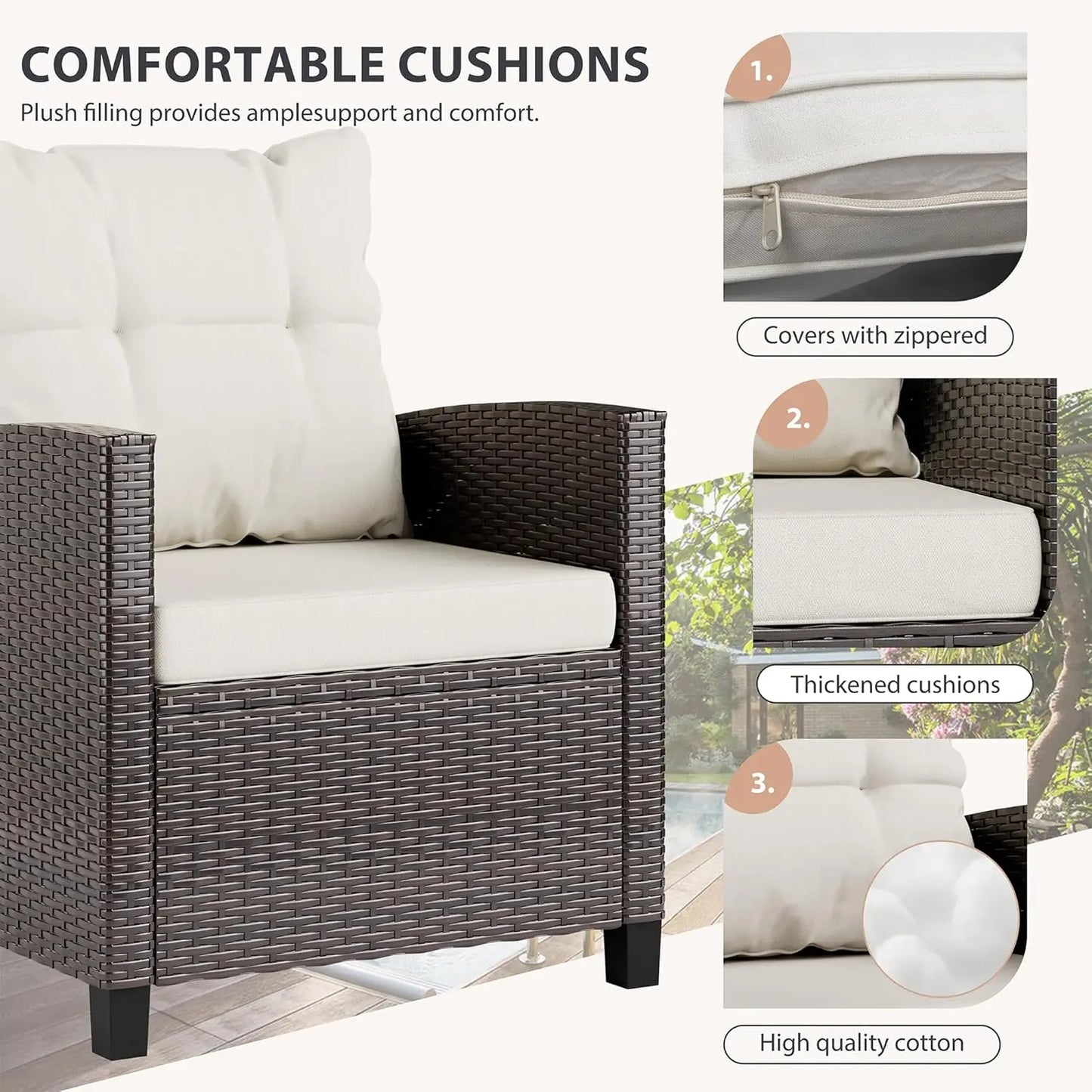 3 Piece Patio Furniture Set Small Outdoor Wicker Rattan Front Porch Bistro Set Cushioned Patio Chairs Conversation, Customized