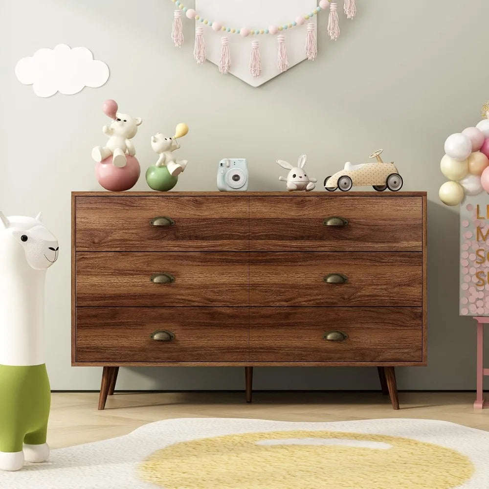 Walnut Brown Wood Dresser With Six Drawers For Bedroom