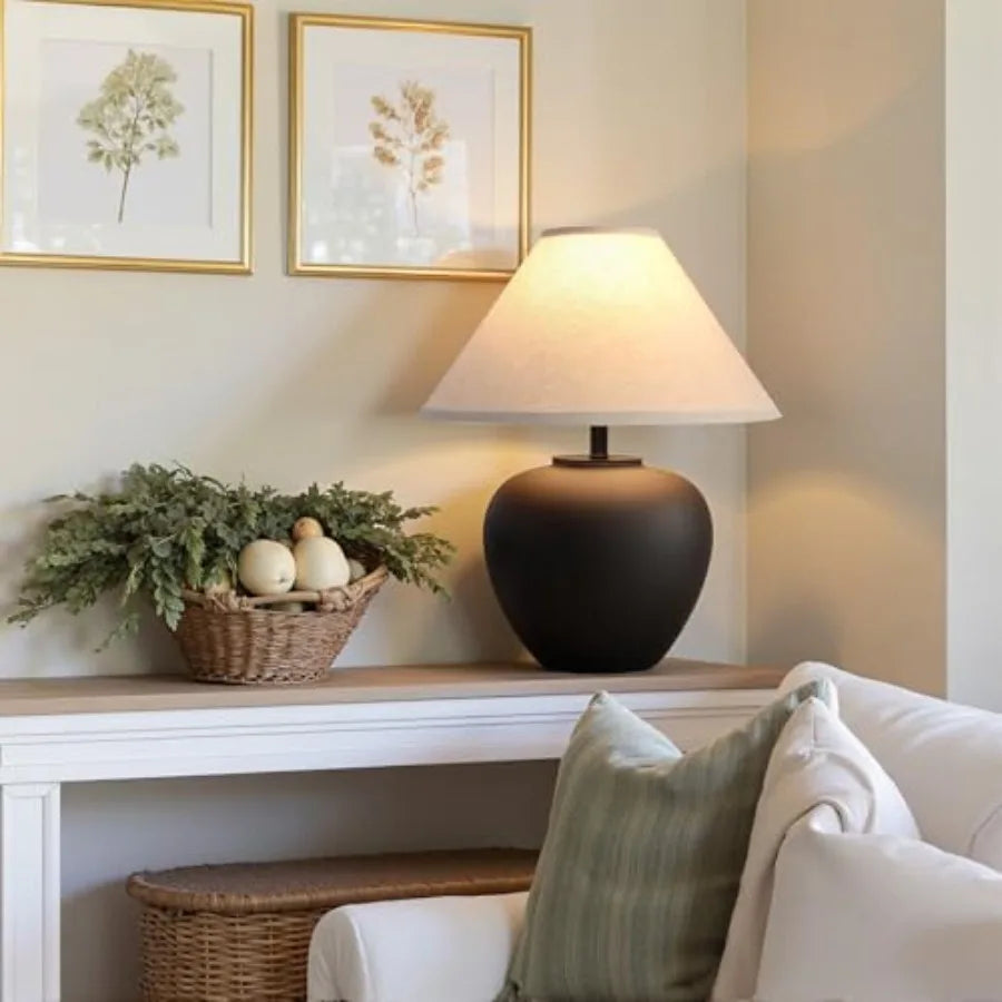 Ceramic Pot Table Lamp With Frosted Shade For Living Room