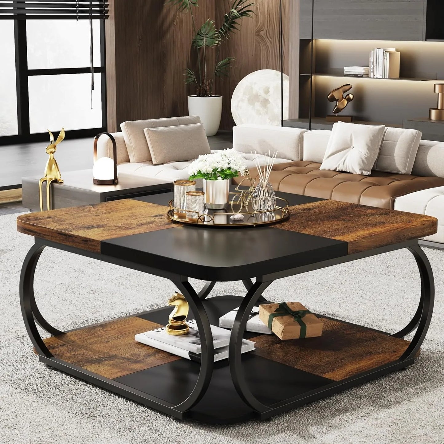 Little Tree Square Coffee Table With Double Layer Storage Shelf