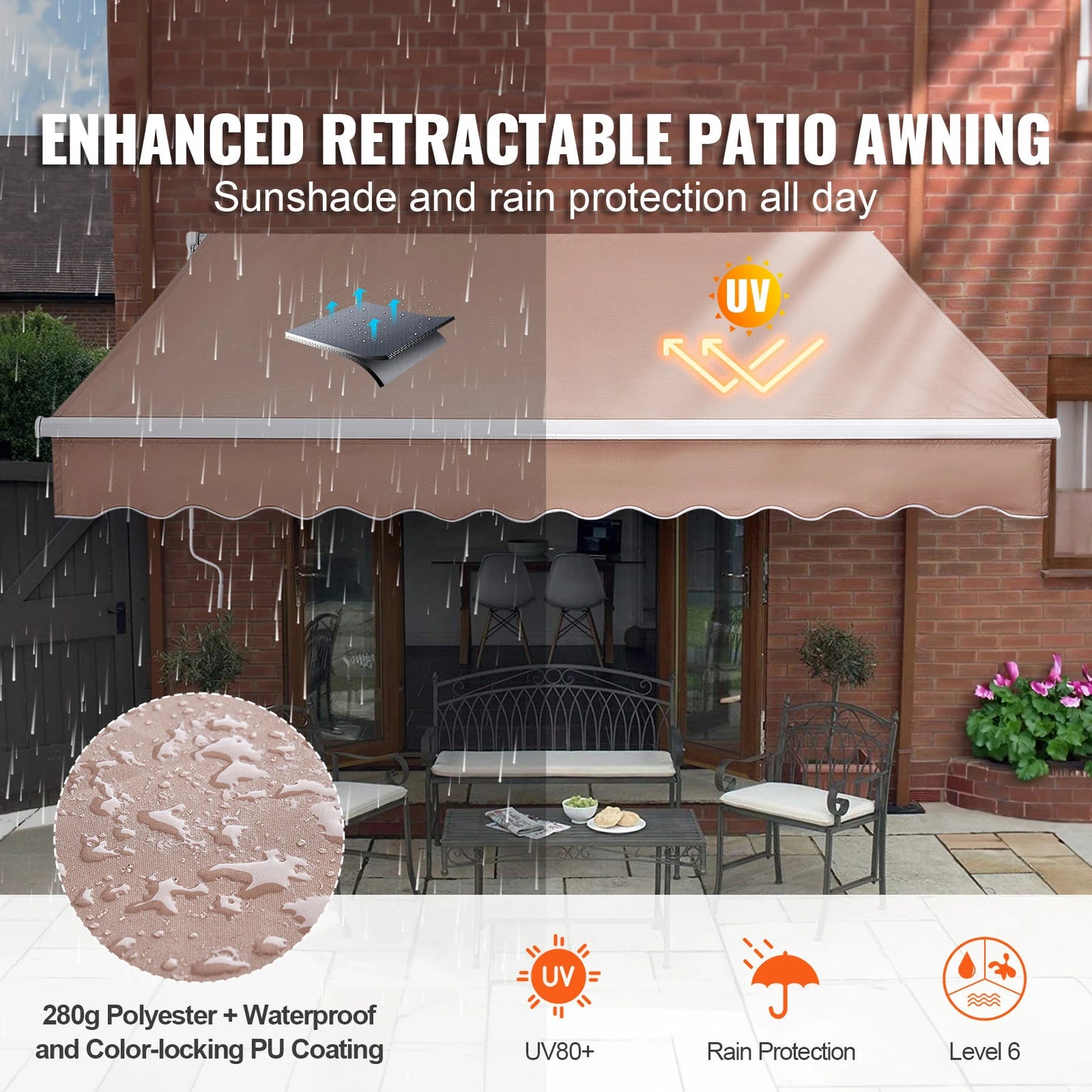SucceBuy Manual Retractable Awning Sun Shade Water Resistant Polyester for Patio