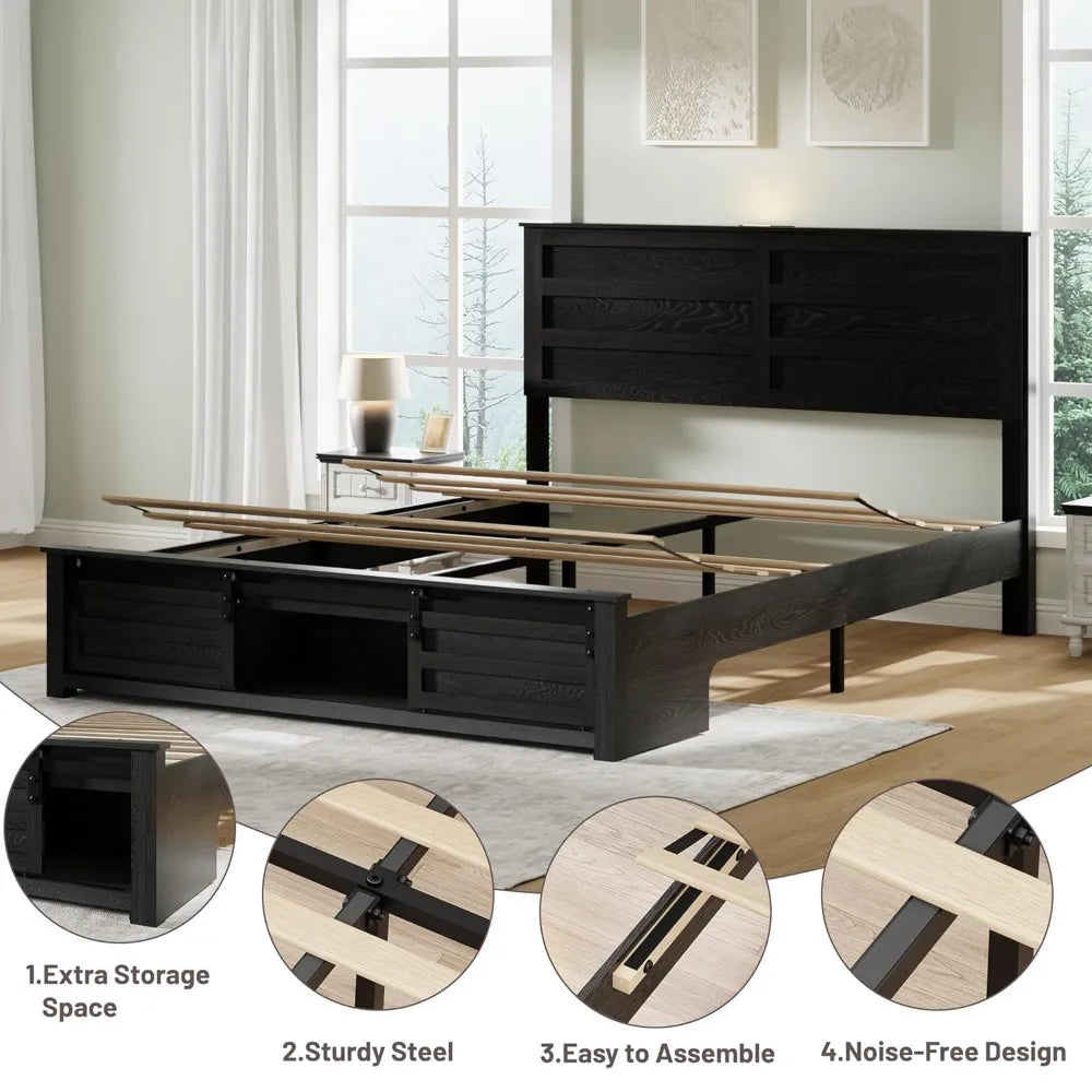 Bed Frame With Wooden Headboard And Sliding Barn Door Footboard