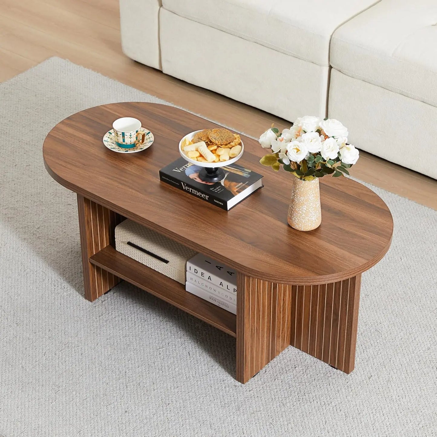 Modern Farmhouse Oval Coffee Table With Storage For Living Room