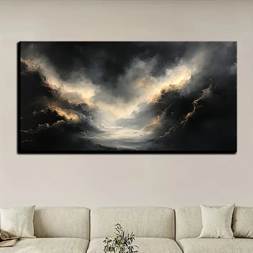 Abstract Black Gold Texture Modern Art Painting With Pine Frame
