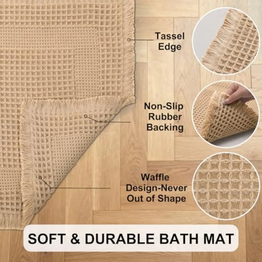 Waffle Bath Mat Absorbent Non Slip Bathroom Rug With Tassels