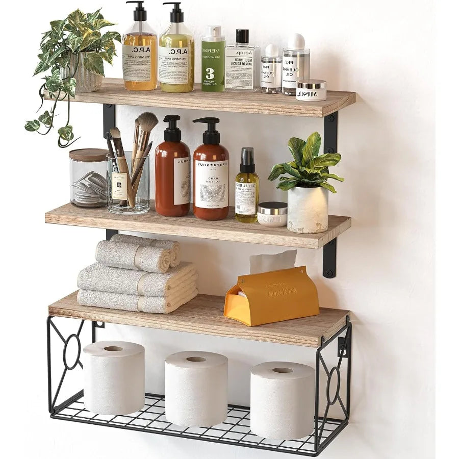 XIUWO Paulownia Wood Floating Shelf Over Toilet With Storage Basket