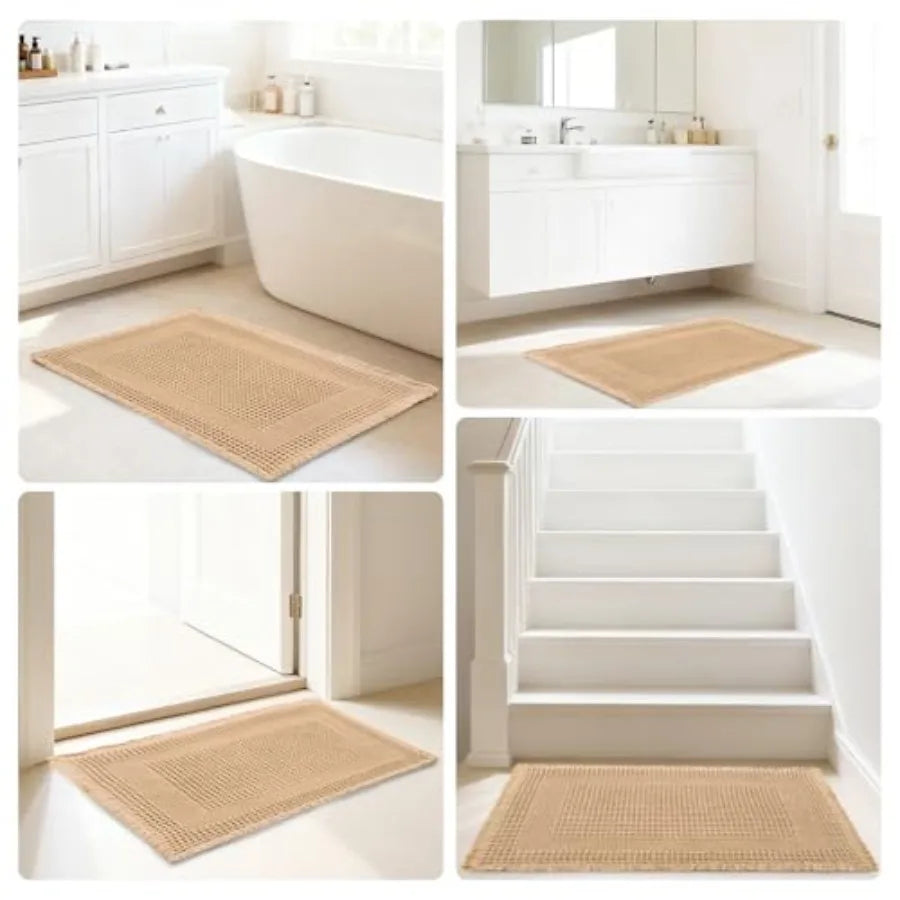 Waffle Bath Mat Absorbent Non Slip Bathroom Rug With Tassels