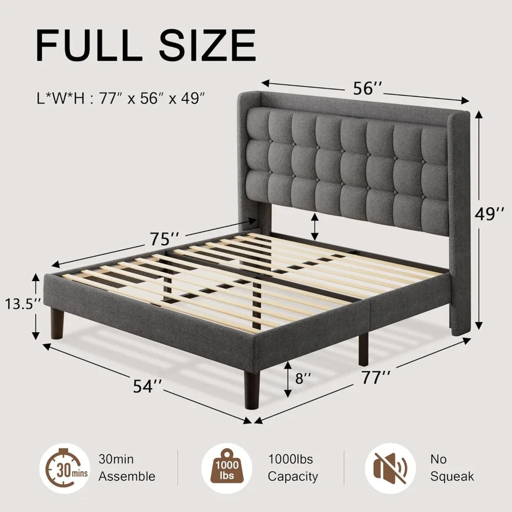 Upholstered Platform Bed Frame With Charging Station And Storage Headboard
