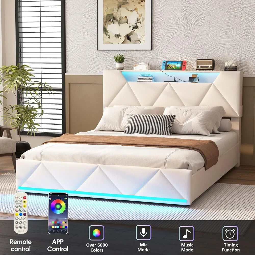 Bed Frame With Storage Drawers, Upholstered Headboard, Charging Station, LED