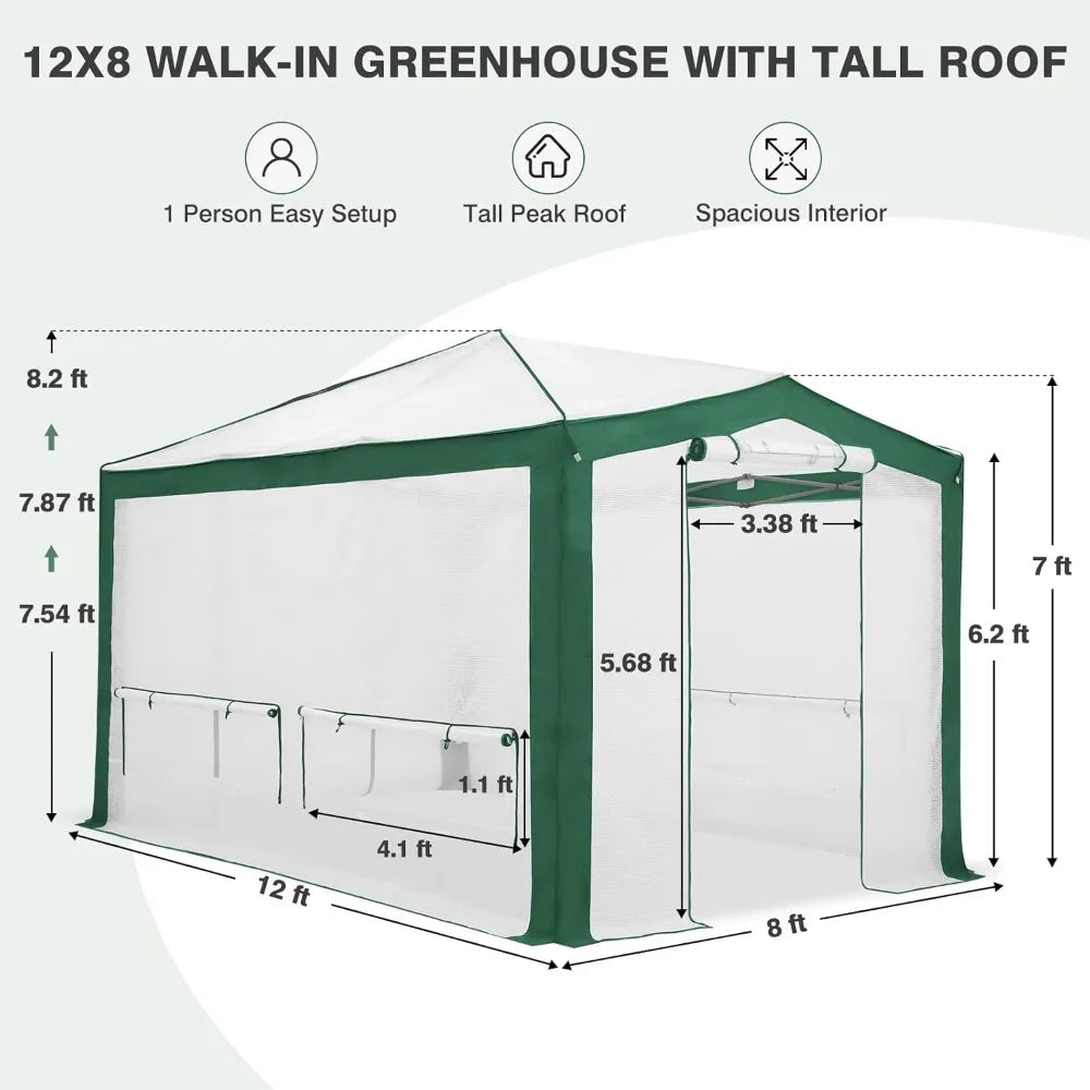 12x8 Portable Walk in Greenhouse with Polyester Reinforced Corners, Instant Pop up Indoor Outdoor Gardening Green