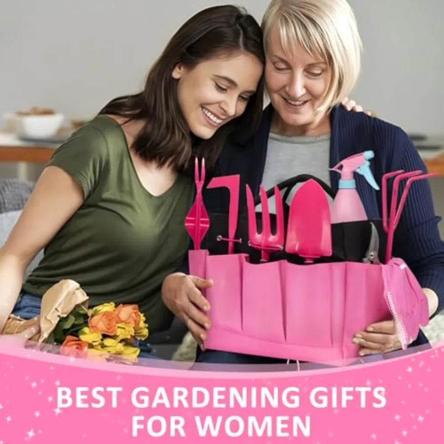 9Piece Heavy Duty Gardening Hand Tools Set in Pink with Stainless Steel Construction and Reinforced Design Durable Organizer Ha