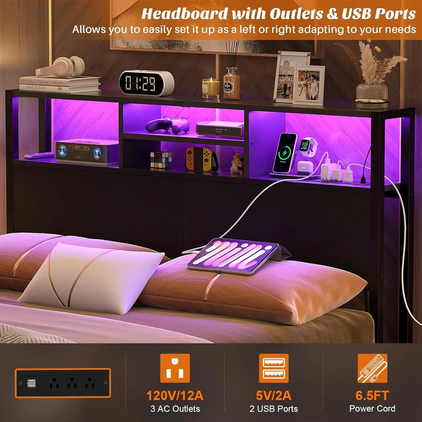 Bed Headboard With Storage Outlets USB Ports LED Light