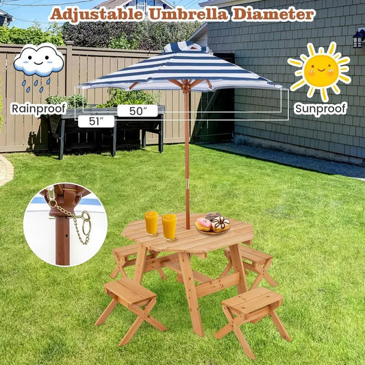 Wood Octagon Kids Picnic Table Set With Umbrella
