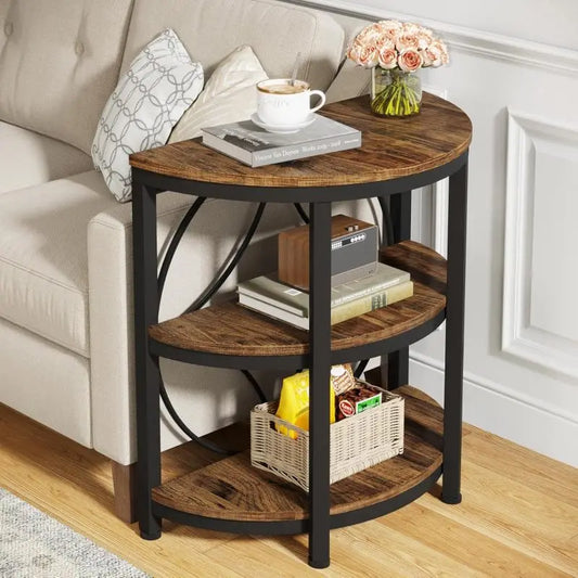 Half Moon End Table With Storage Shelves Wood Metal