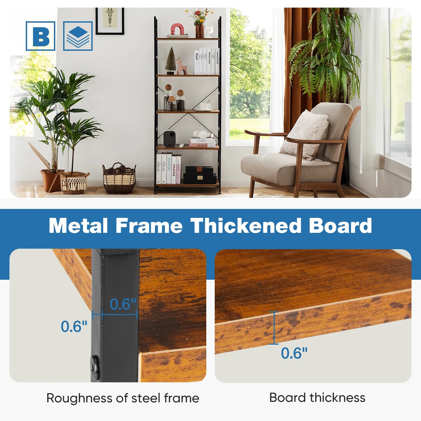 JHK 5 Tier Metal Bookcase Modern Office Storage Organizer