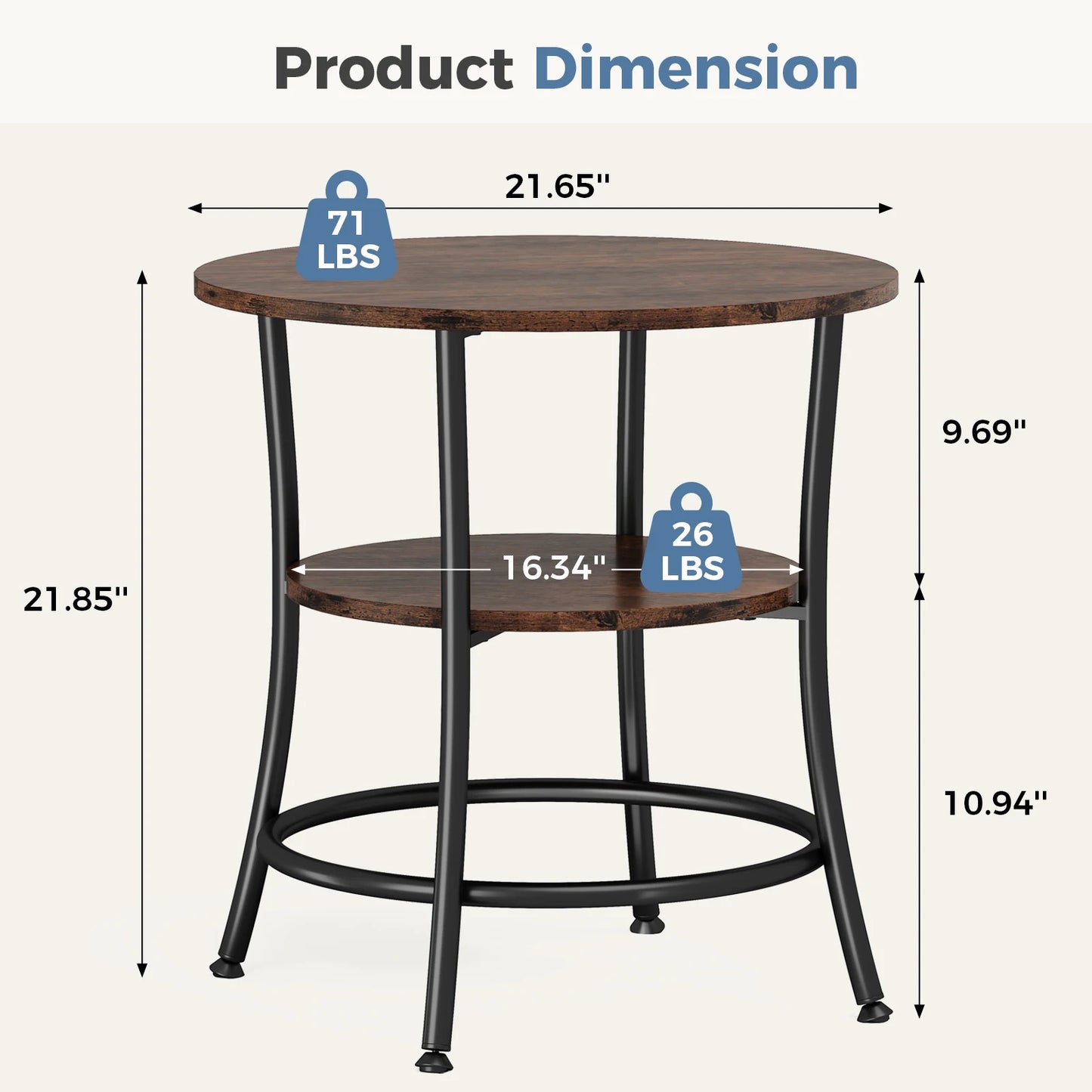 JHK Round Coffee Table With Two Tier Storage Shelf Metal Frame