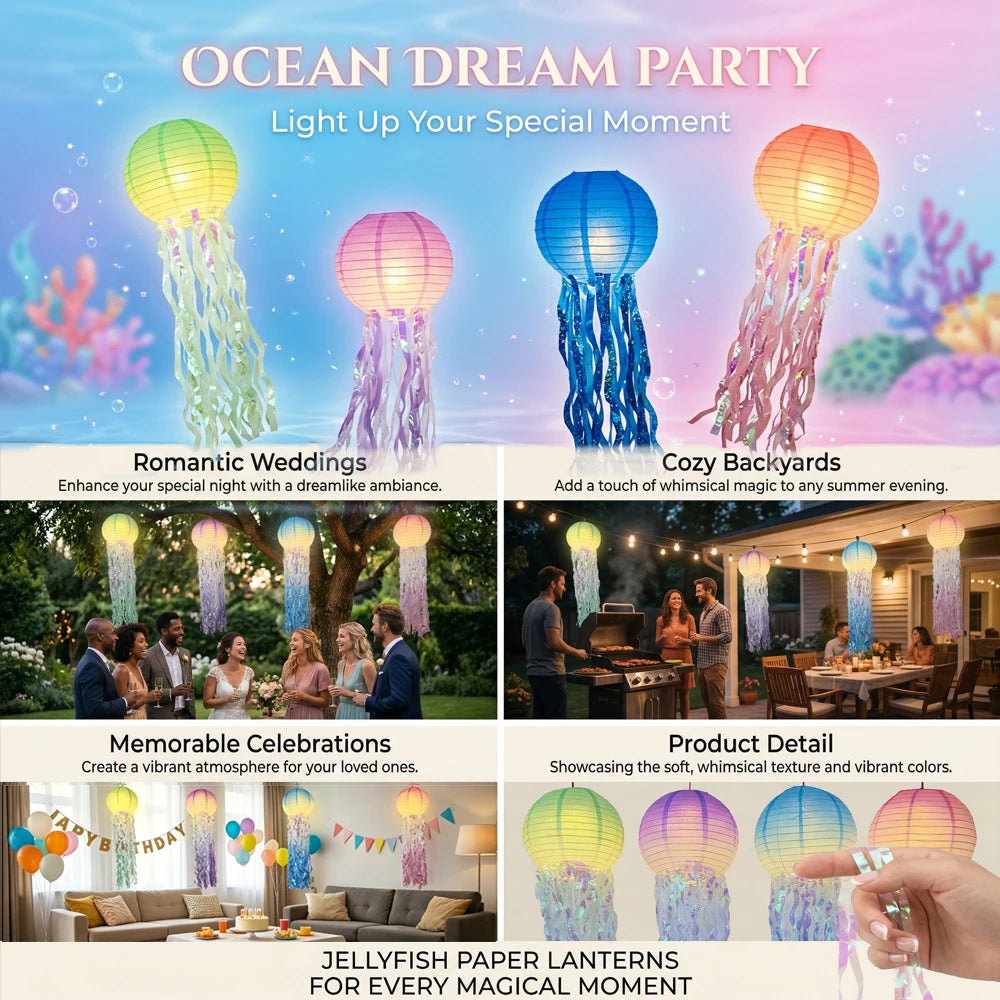 LED Jellyfish Paper Lanterns With Iridescent Tassels For Ocean Parties