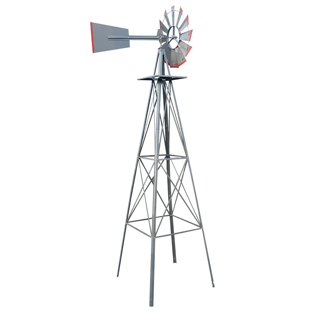 8FT Weather Resistant Yard Garden Windmill Gray & Red  Garden Decoration Outdoor  Patio Decoration