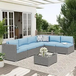 Outdoor 7 Piece Patio Sofa Set Glass Top Table Cushions