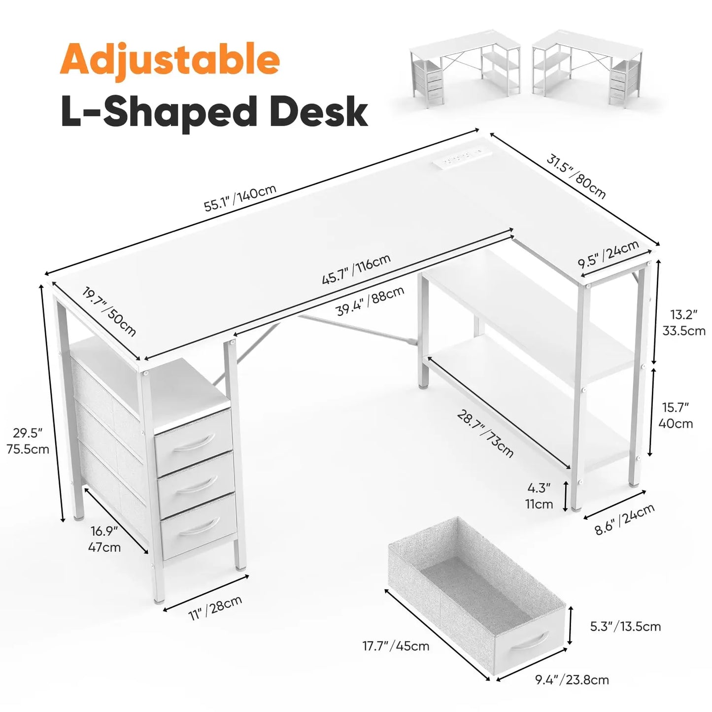 JHK L Shaped Computer Desk with Drawers And Power Outlet