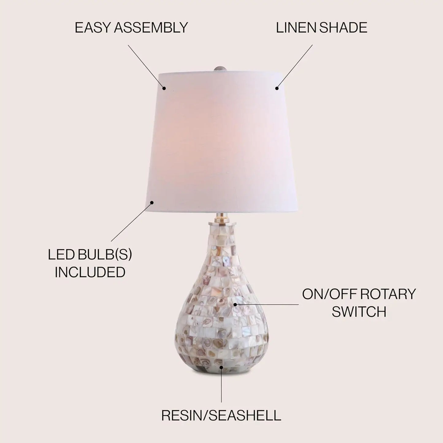 Seashell Coastal Mini LED Table Lamp With Linen Drum Shade