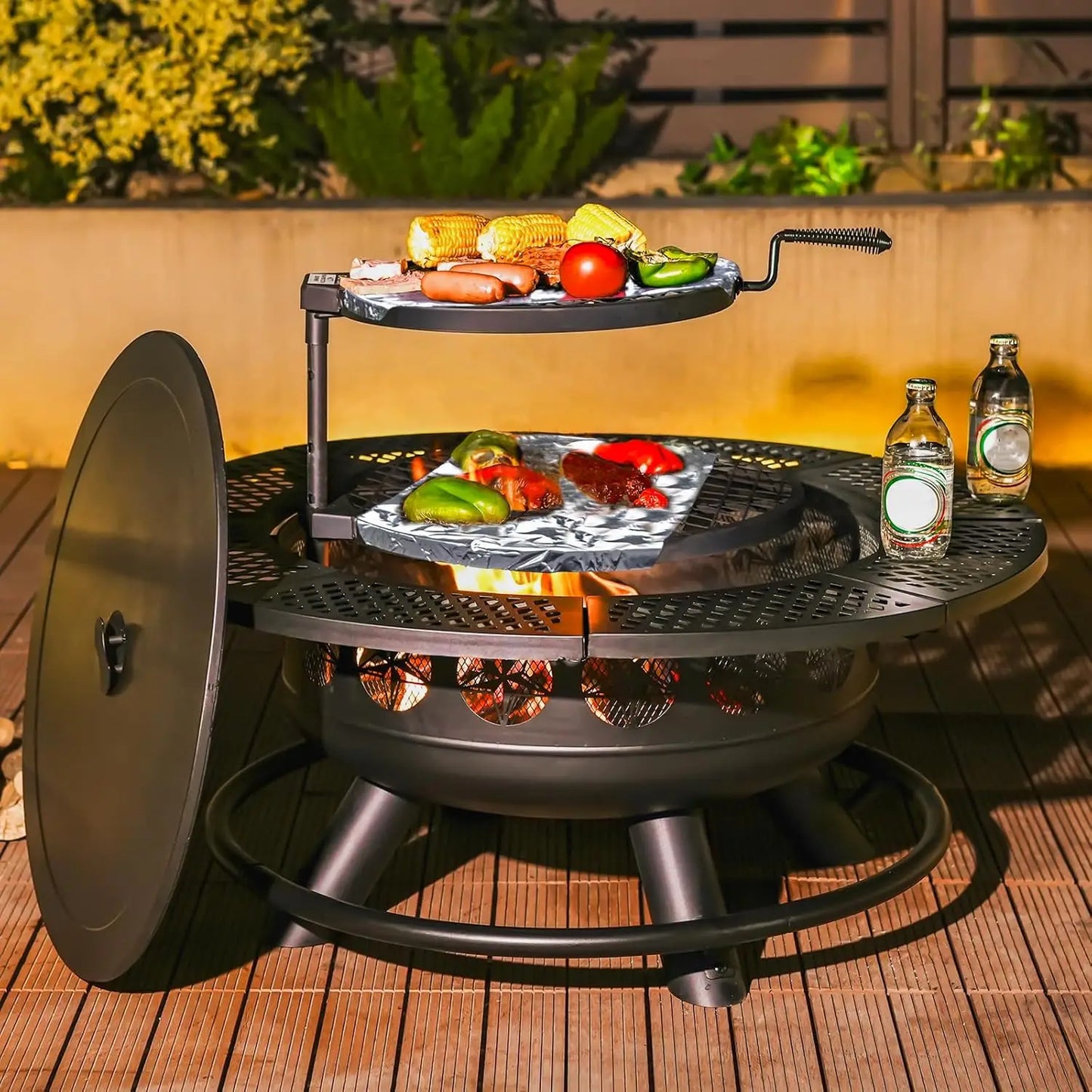 Outdoor Premium Cast Iron Fire Pit With Lid Grills 3In1