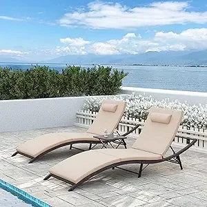 Patio Chaise Lounge Sets Outdoor Rattan Adjustable Back 3 Pieces Cushioned Patio Folding Chaise Lounge with Folding Table