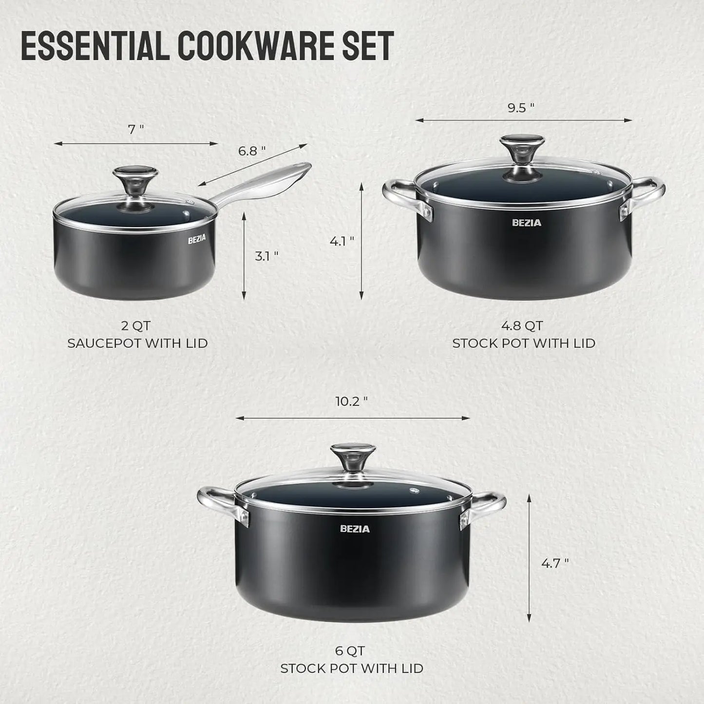 Induction Cookware Set 6-Piece, Stackable Kitchen Cooking Pots Set, 6qt 4.8qt & 2qt Pots with Lids, Dishwasher Safe & Oven Safe,