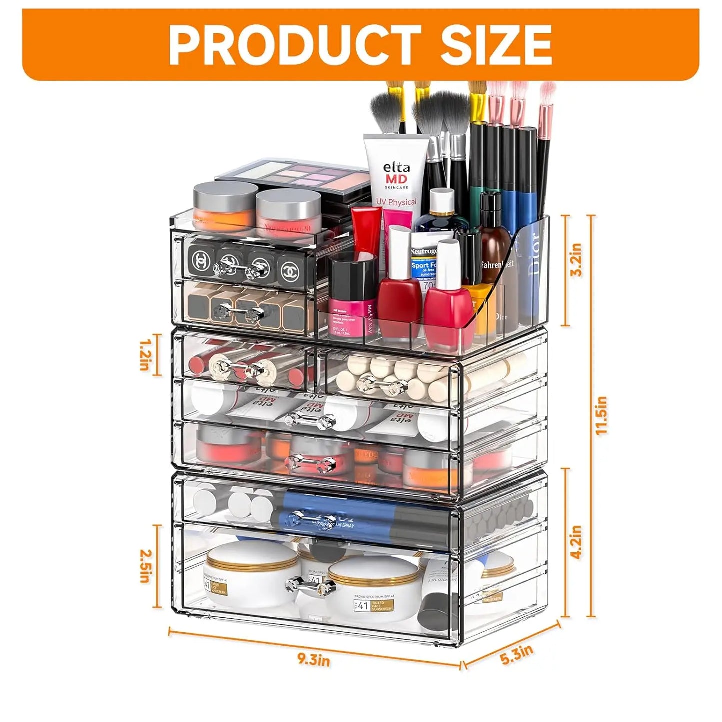 8-Drawer Clear Acrylic Makeup Organizer with Stackable Design for Vanity, Bathroom, and Desk Storage