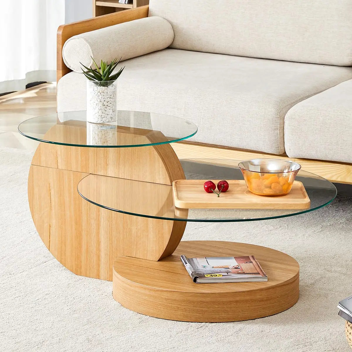 Tempered Glass Coffee Table With Three Tier Wood Base