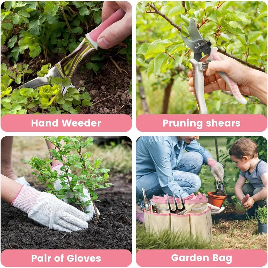 Garden Tools 8 Piece Gardening Tools with Bag Heavy Duty Stainless Steel Garden Tools Set Outdoor Hand Tools for Planting Weedi