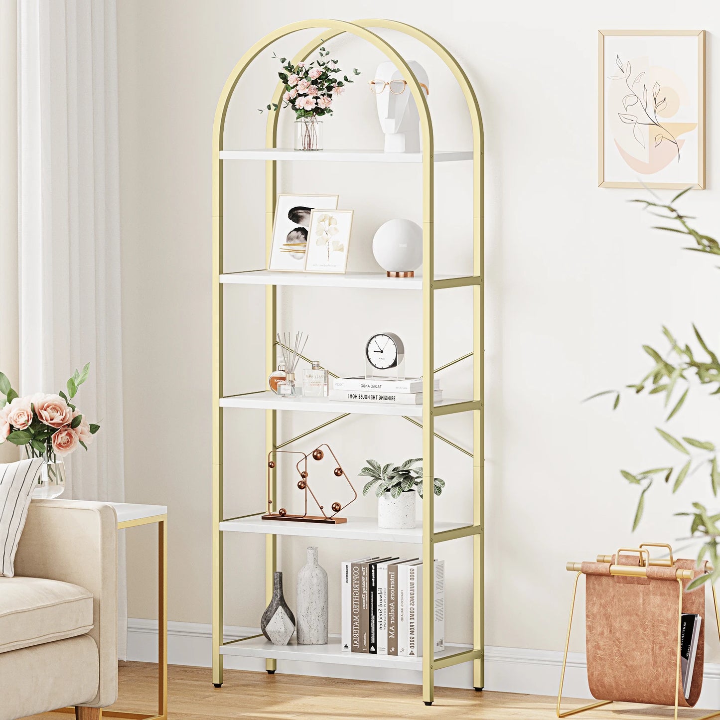 5 Tier Bookshelf Arched Display Shelves Tall Standing Bookshelves Metal Frame Modern Storage Rack Shelf Large Wooden Bookcase