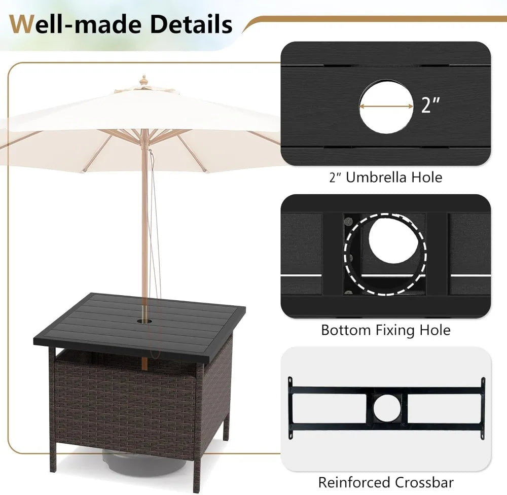 Outdoor Rattan Umbrella Side Table HDPE Top With Metal Frame