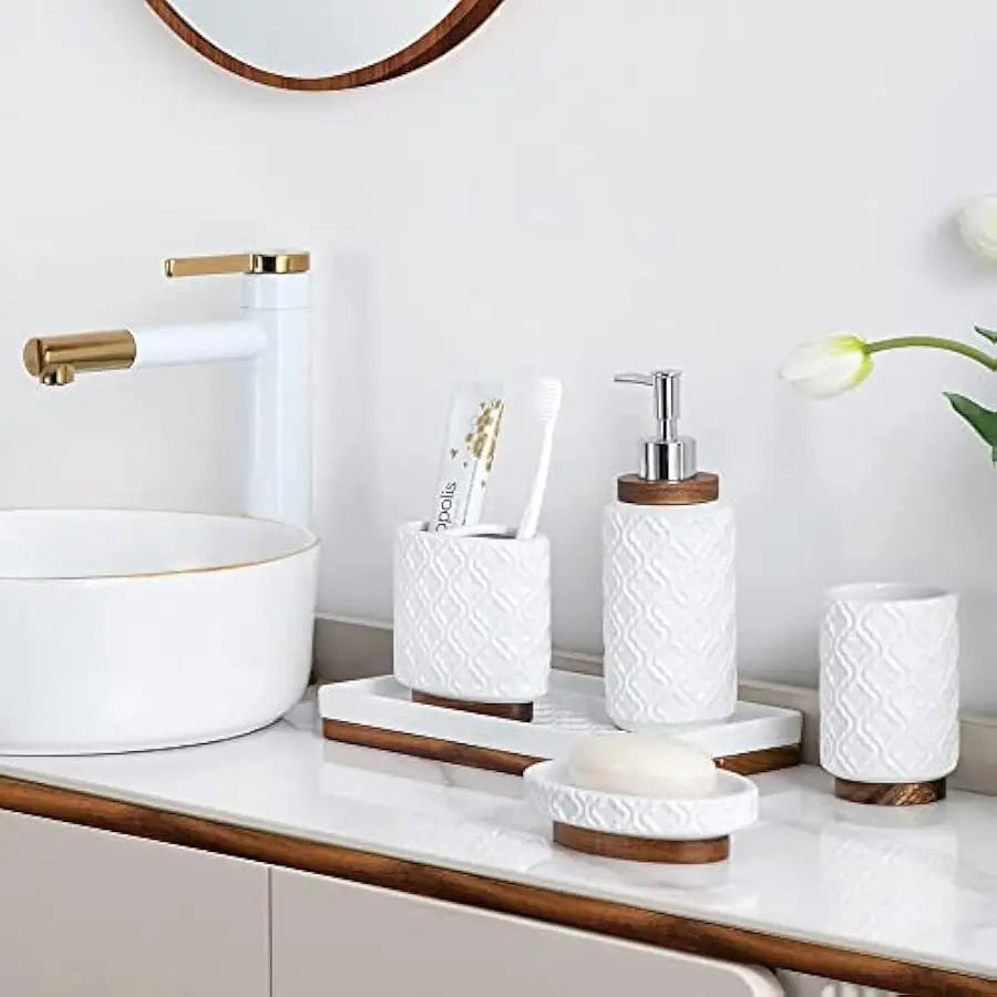 Elegant Ceramic And Wood Six Piece Bathroom Accessories Set