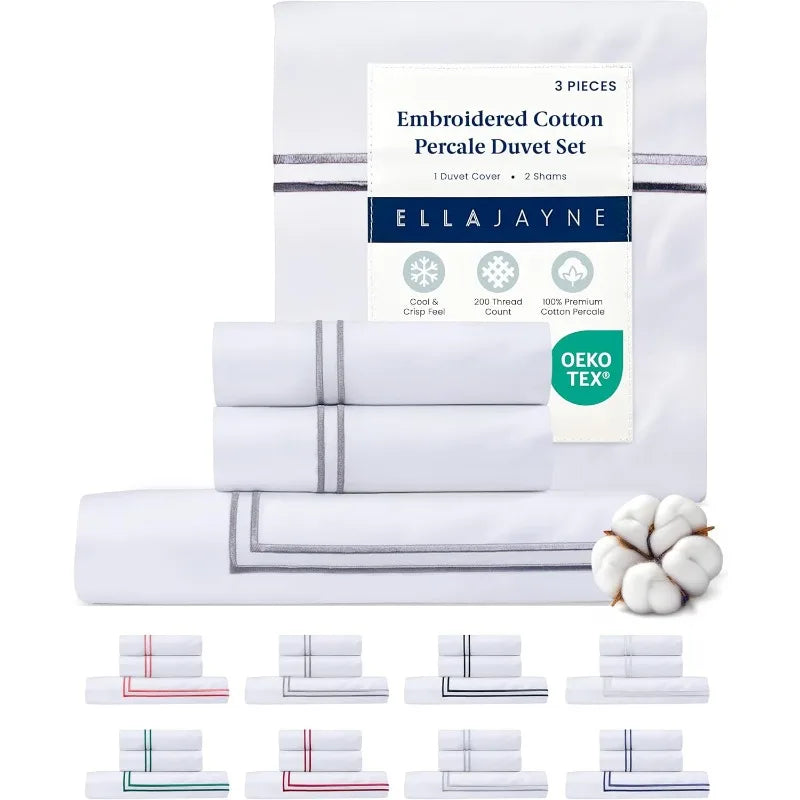 Duvet Cover Queen Size (3 Pieces), 100% Cotton Percale, Full/Queen, Soft, Breathable & Lightweight, Including Duvet C