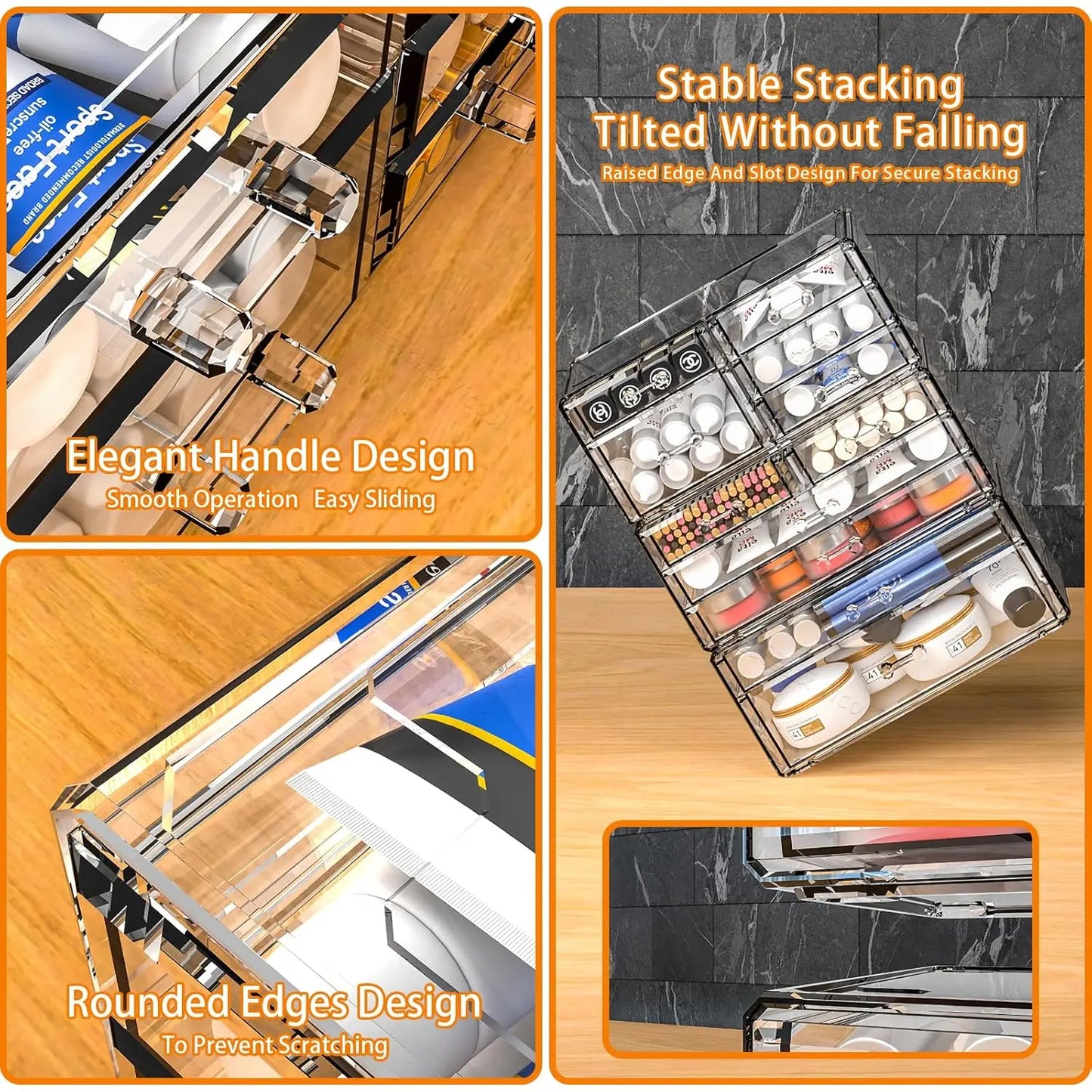 8-Drawer Clear Acrylic Makeup Organizer with Stackable Design for Vanity, Bathroom, and Desk Storage