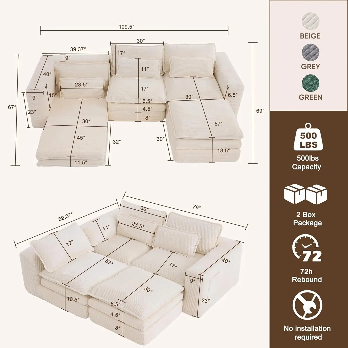 BIANXIANG L-Shape Modular Sectional Sofa With Ottoman Pull-Out