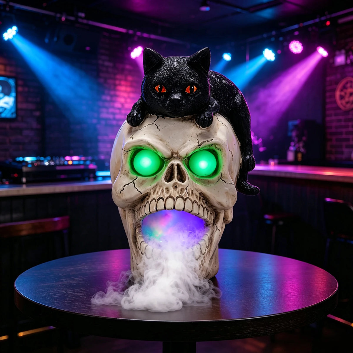 Halloween Black Cat Skull Statue With Fog And LED Lights