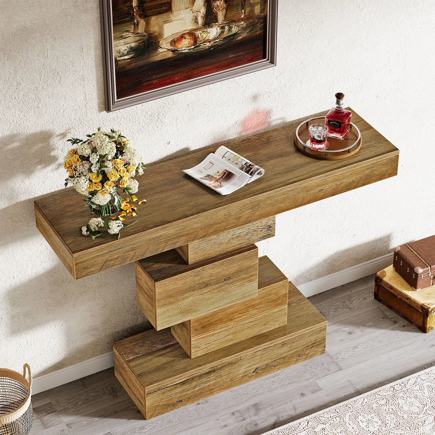Tribesigns Farmhouse Industrial Console Table With Geometric Base